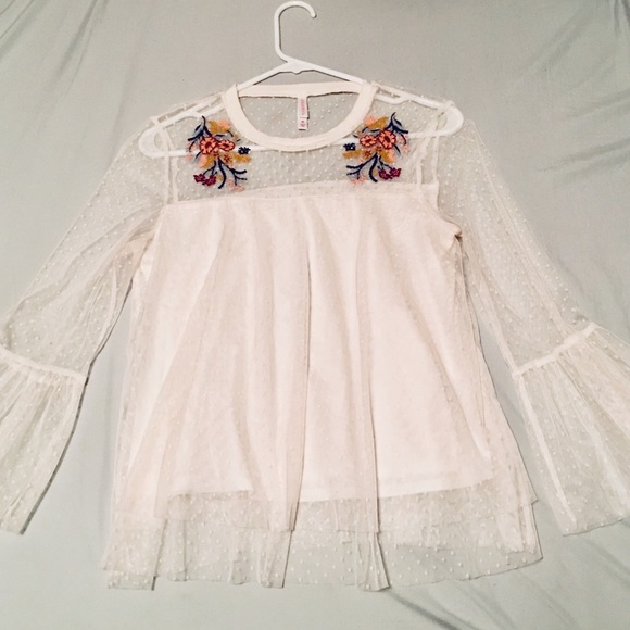 Xhilaration Tops - White Mesh Floral Bell Sleeve Blouse